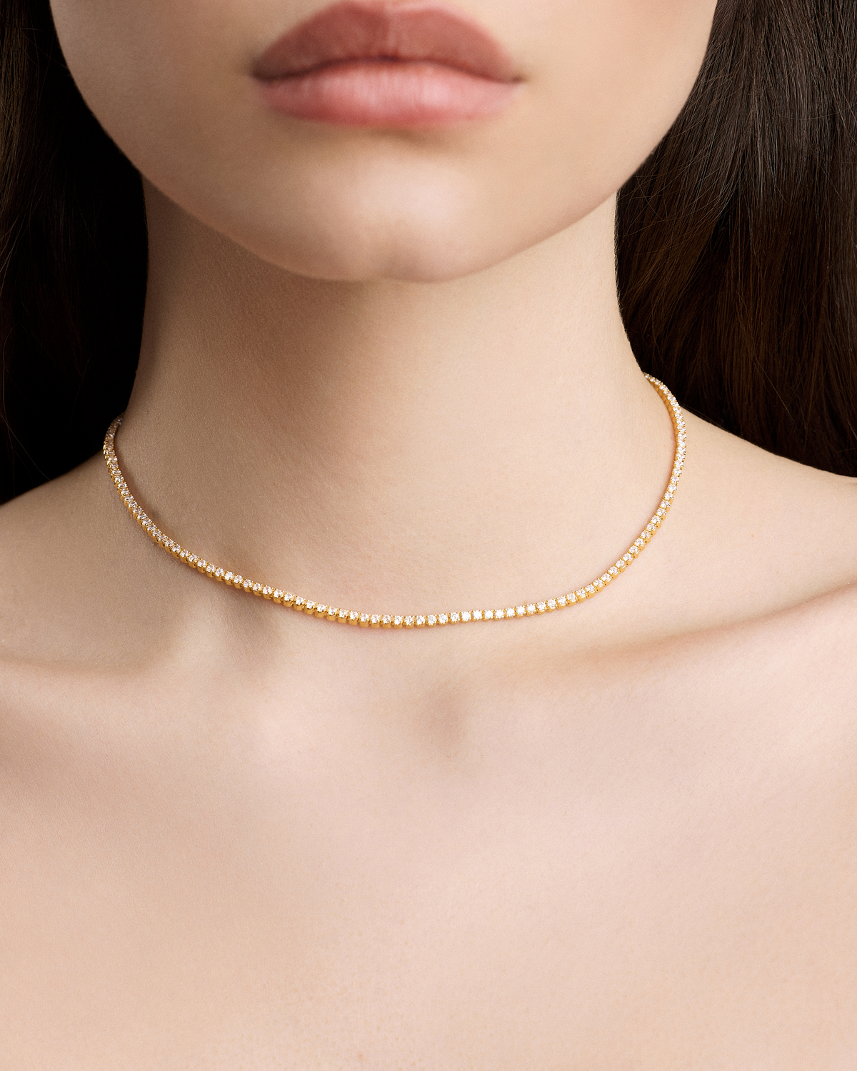 Lab Diamond Round Cut Tennis Necklace gold necklace - front view | lab grown diamond necklace