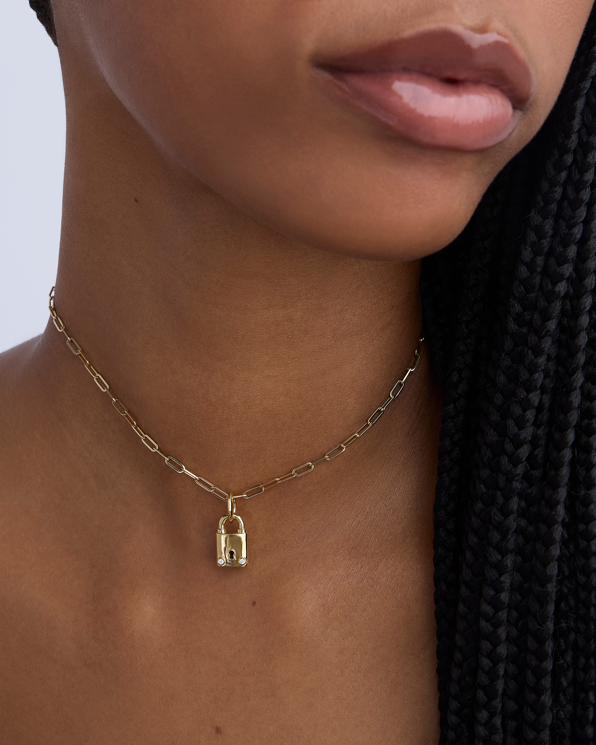 Small Lock with Two Diamonds gold charm - close-up detail | custom charm necklace