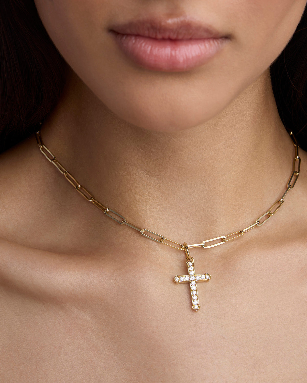 Large Royal Cross with Pavé White Diamonds in 18K Yellow gold charm - close-up detail