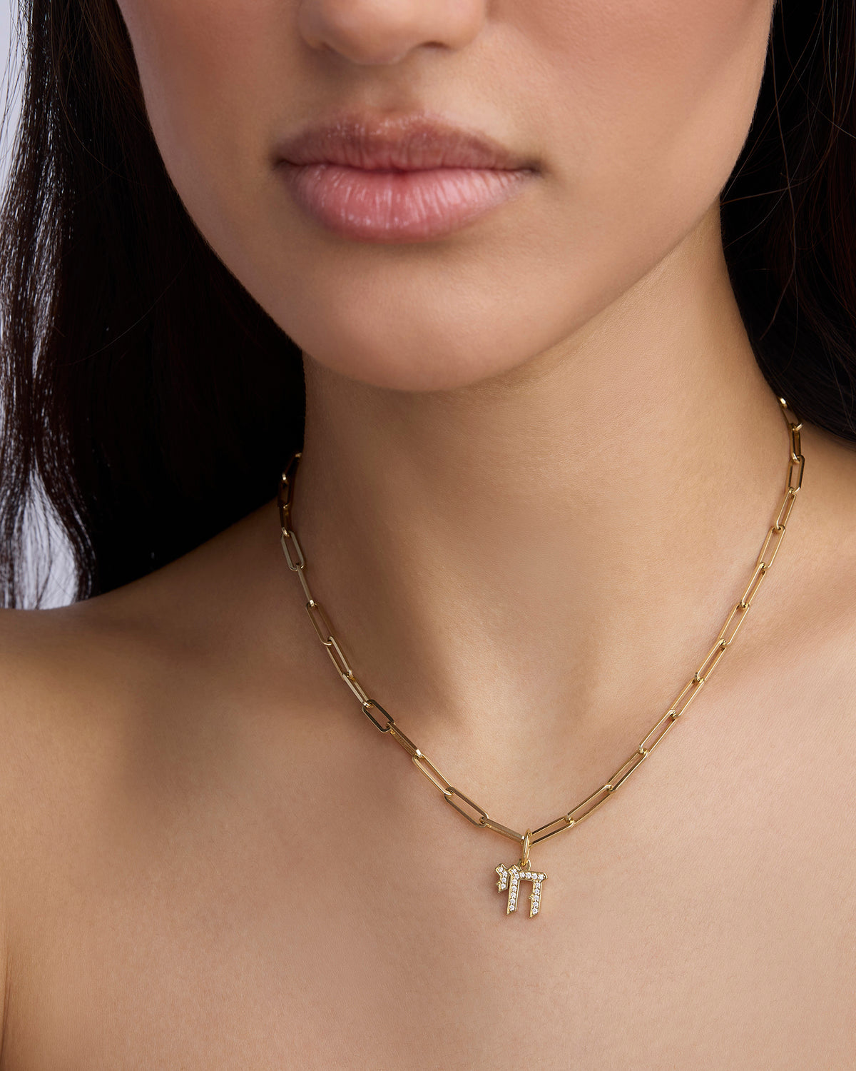 Chai Charm with Pavé White Diamonds charm - alternate angle | gold charm necklace