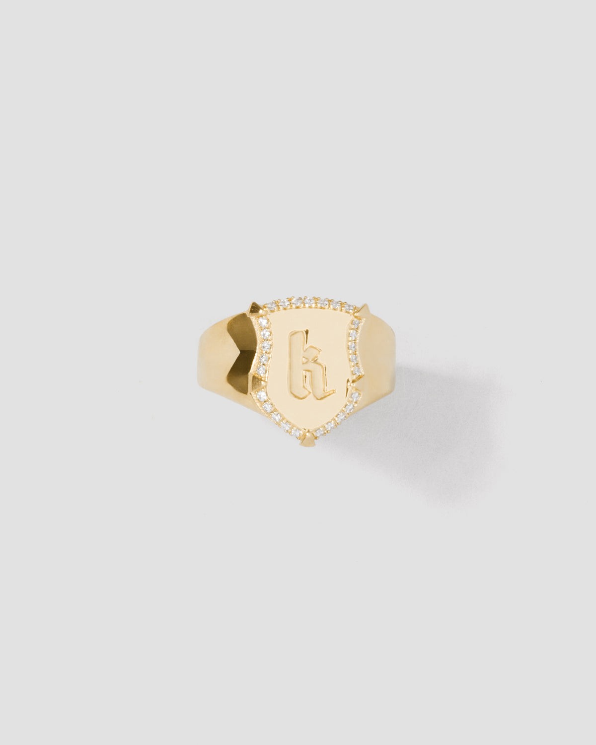 Personalized Mini Classic Shield Ring with Pave White Diamonds in 18K Yellow Gold 18K gold ring - front view