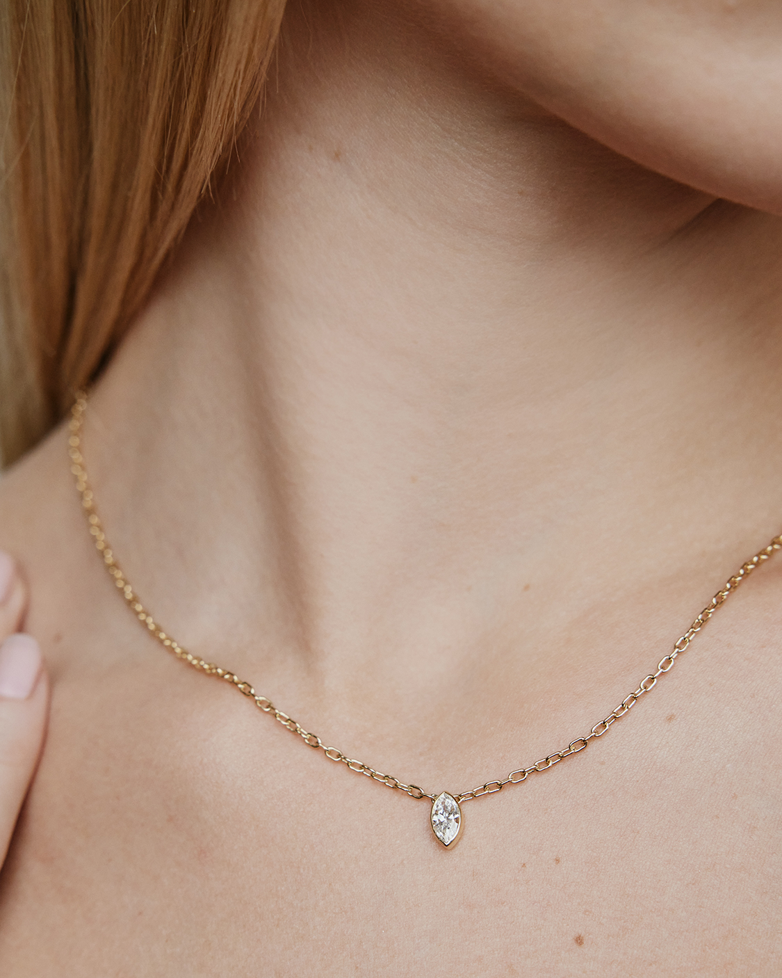 JF Lab - Marquise Solitaire Pendant gold necklace - styled on model | lab grown diamond necklace