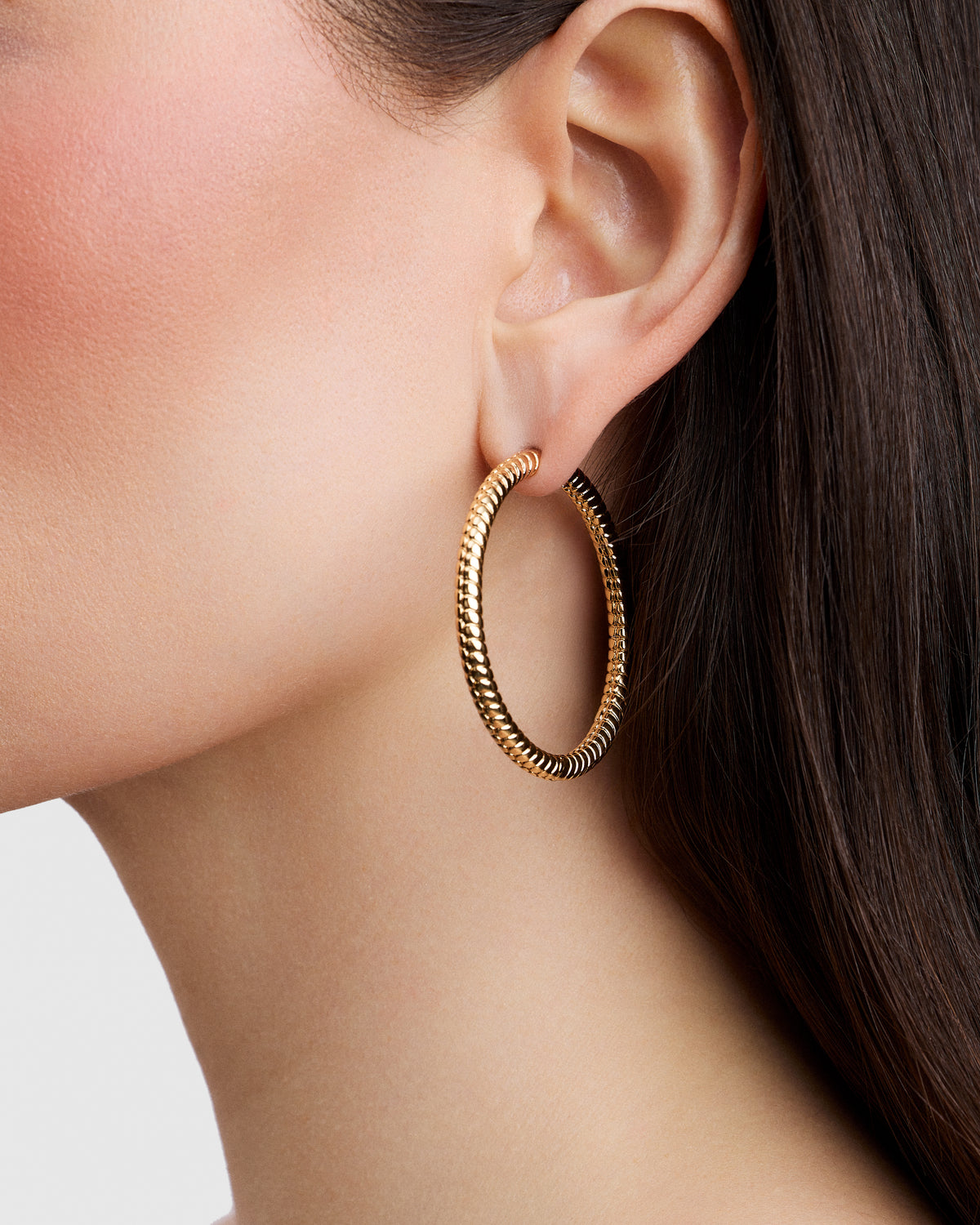 1.5" Madison Ave Baby Hoops earring - close-up detail | gold hoop earrings for women