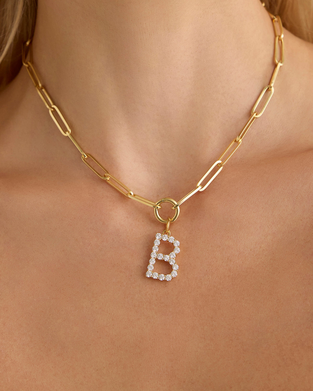 Large Floating Diamond Minimal Block Letter charm - close-up detail | gold charm necklace