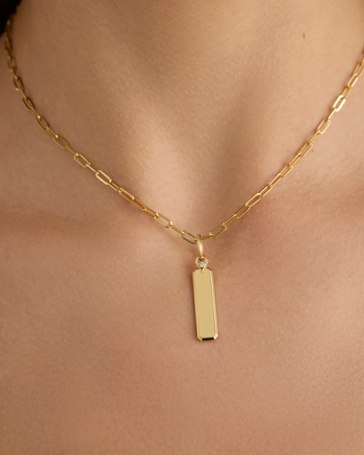 Large Dog Tag gold charm - styled on model | necklace with charms