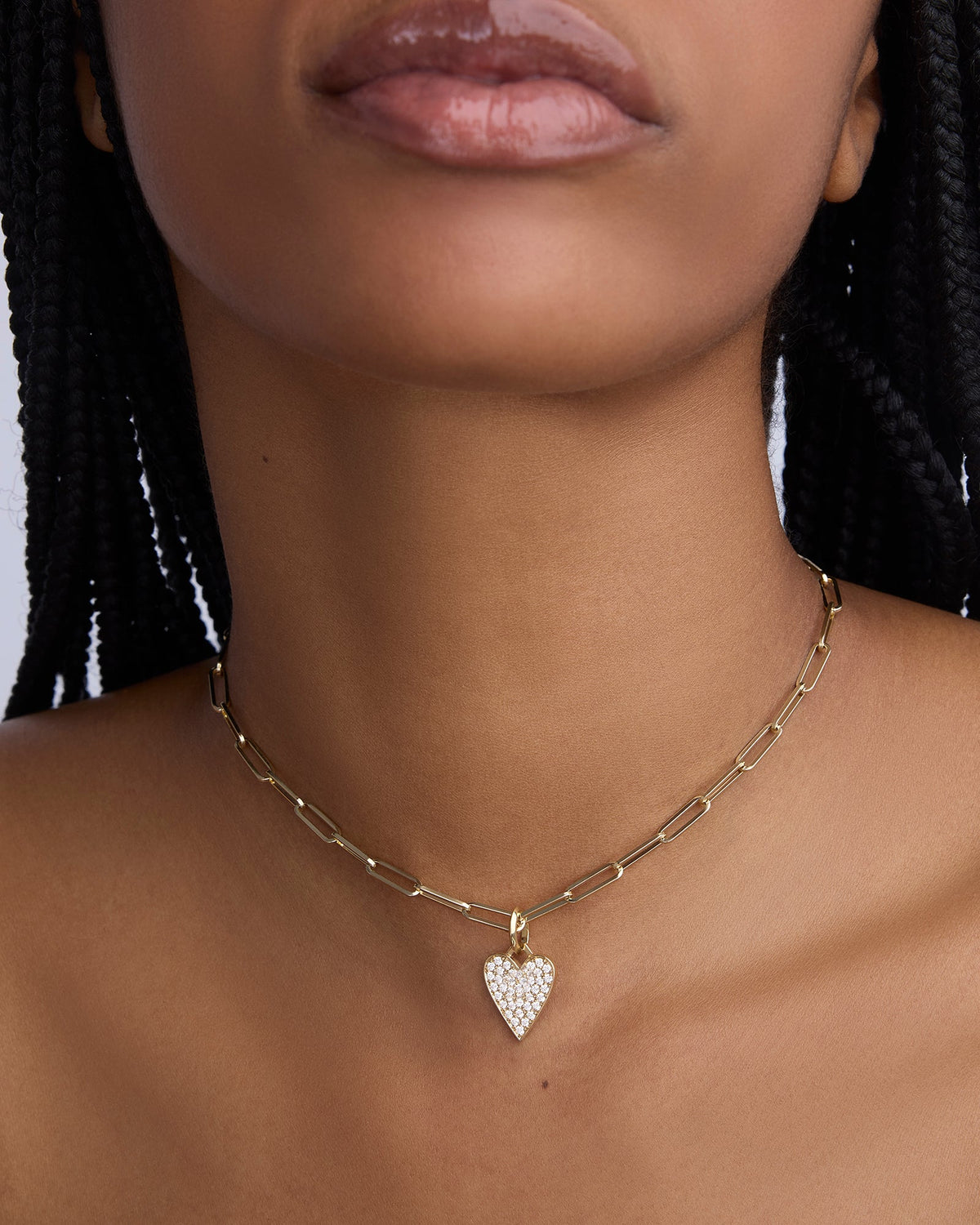Medium Heart with Pavé White Diamonds gold charm - styled on model | custom charm necklace