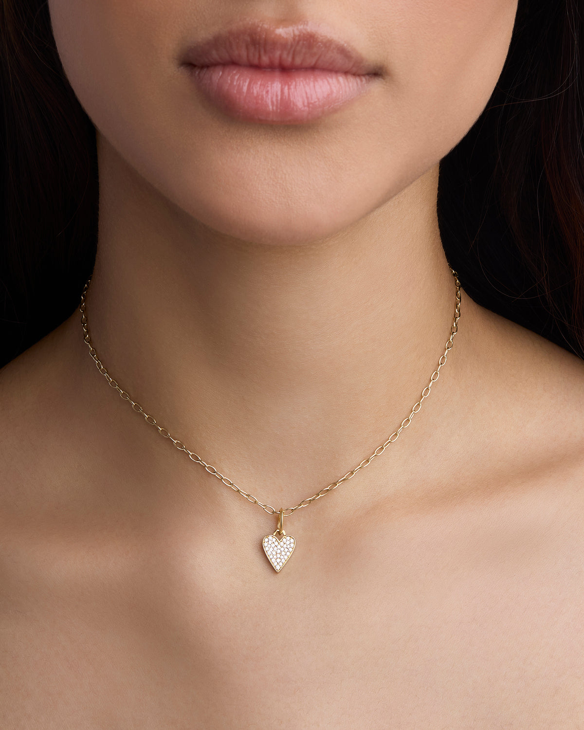 Small Heart with Pavé White Diamonds gold charm - close-up detail | necklace with charms