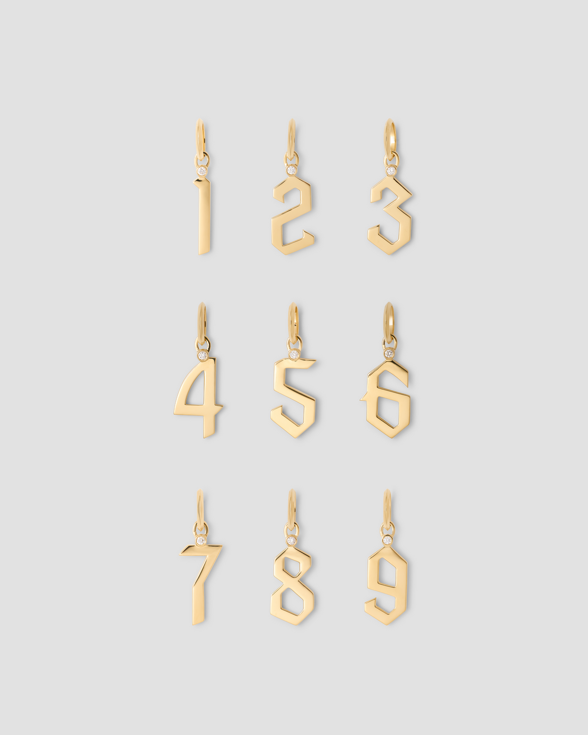 Gothic Number Charm with Diamond in 18K Yellow Gold charm - close-up detail | gold charm necklace