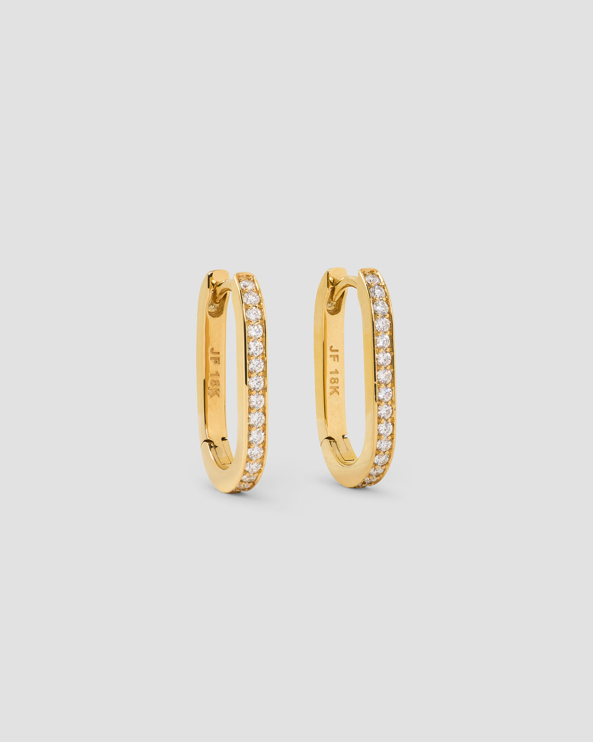18k Elongated Link Huggie with Pavé Diamonds 18K gold earring - front view | diamond huggie earrings