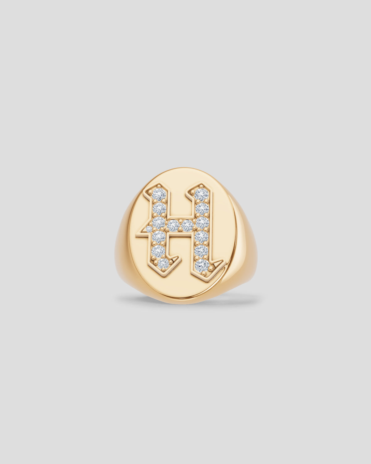 Large Signet Letter Ring with Diamonds in 18K Yellow Gold A-N gold ring - close-up detail | womens diamond rings