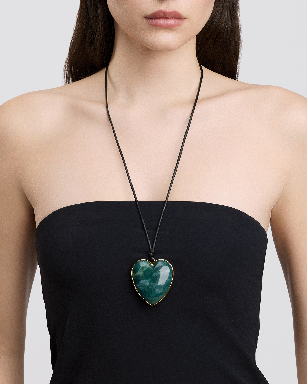 Semi-Precious Heart Leather Cord Necklace necklace - close-up detail | real gold necklace