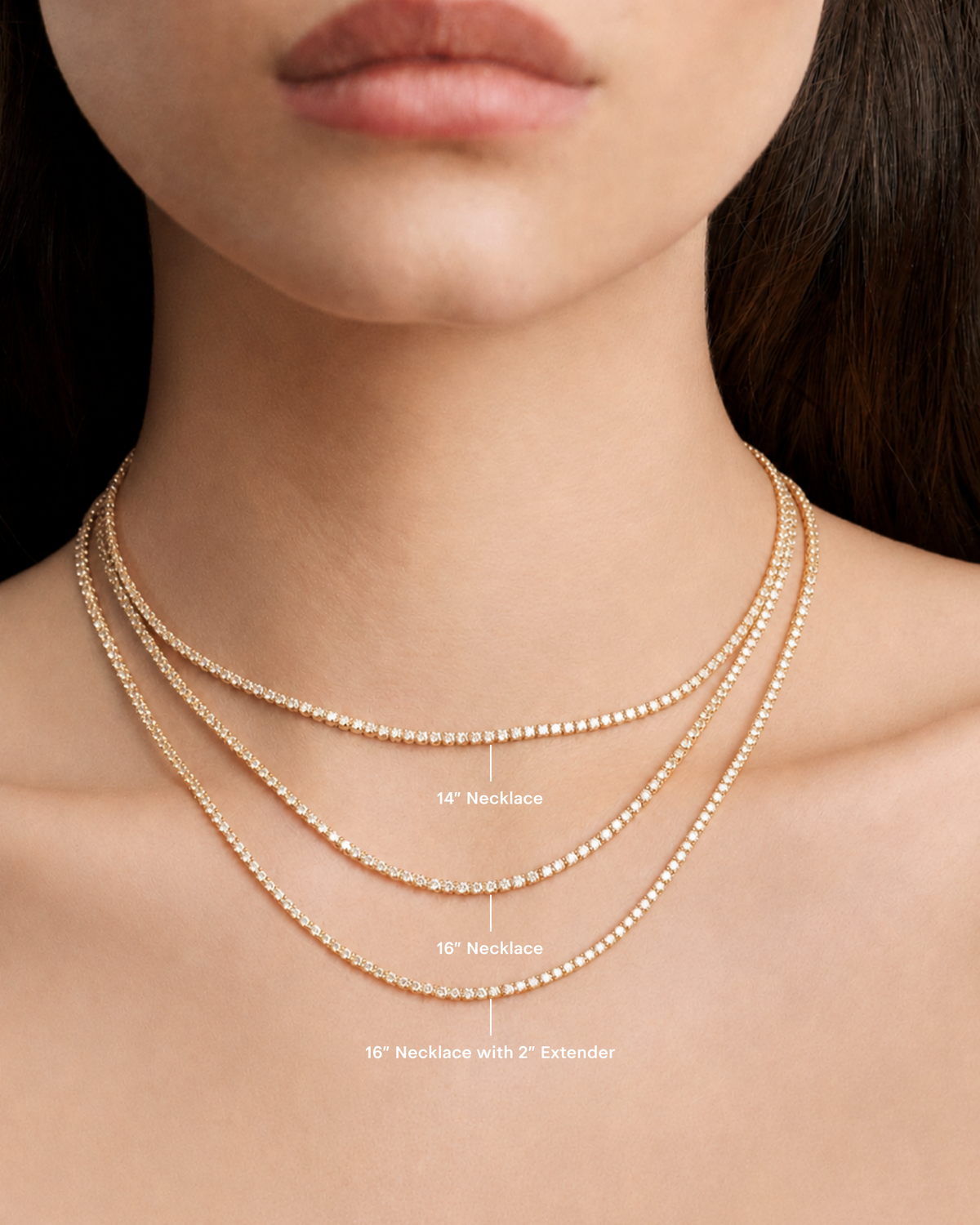 Lab Diamond Round Cut 2" Extender gold necklace - styled on model | lab grown diamond necklace