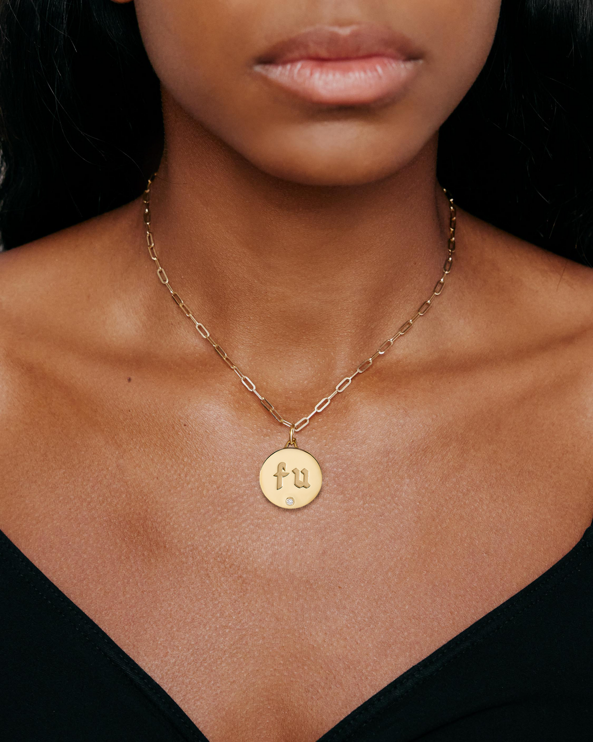 Personalized Circle Charm with Diamond in 18K Yellow gold charm - close-up detail | necklace with charms