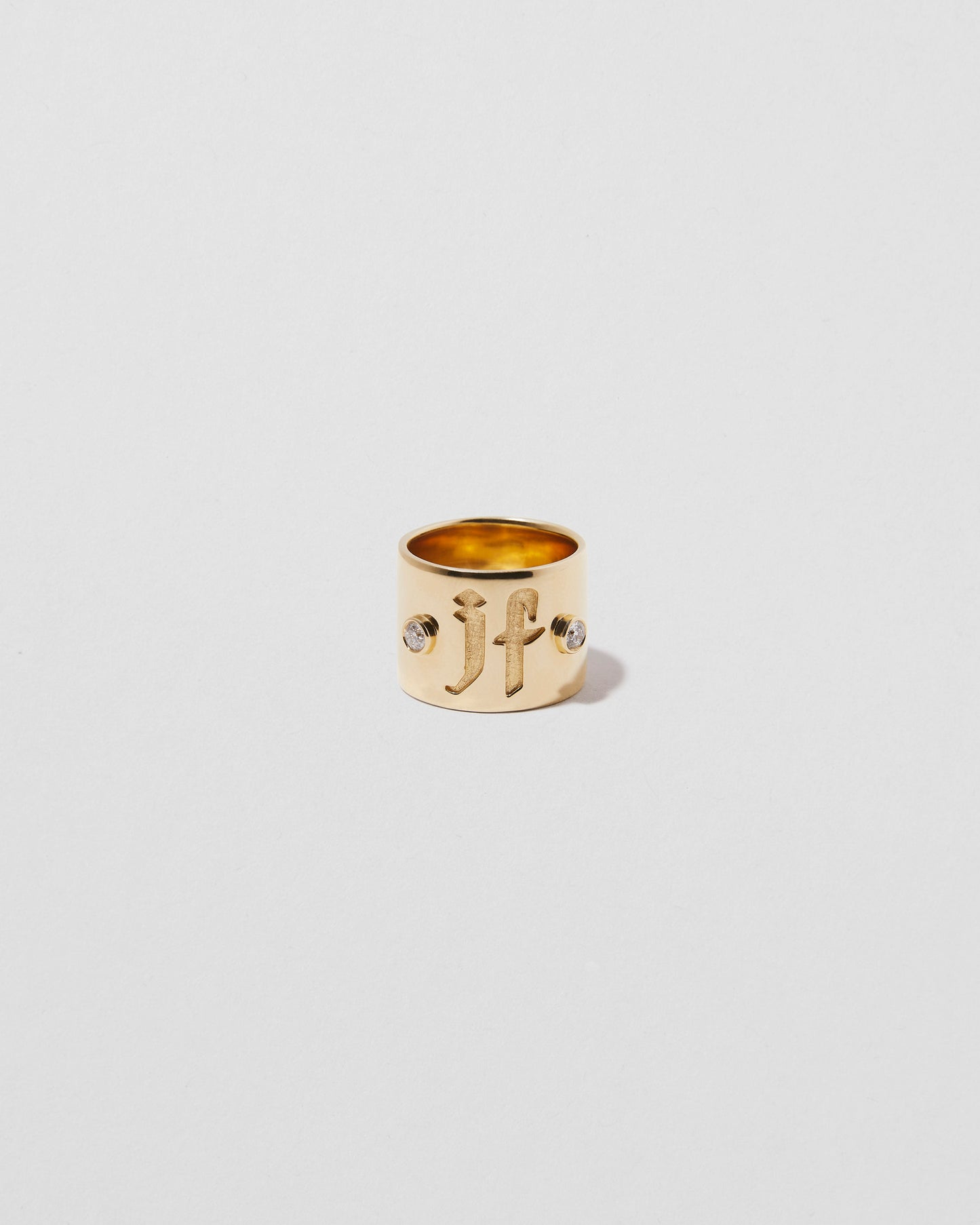 Jennifer Fisher - Wide Family Gothic Ring with 2 White Diamonds and 2 Letters - Yellow Gold