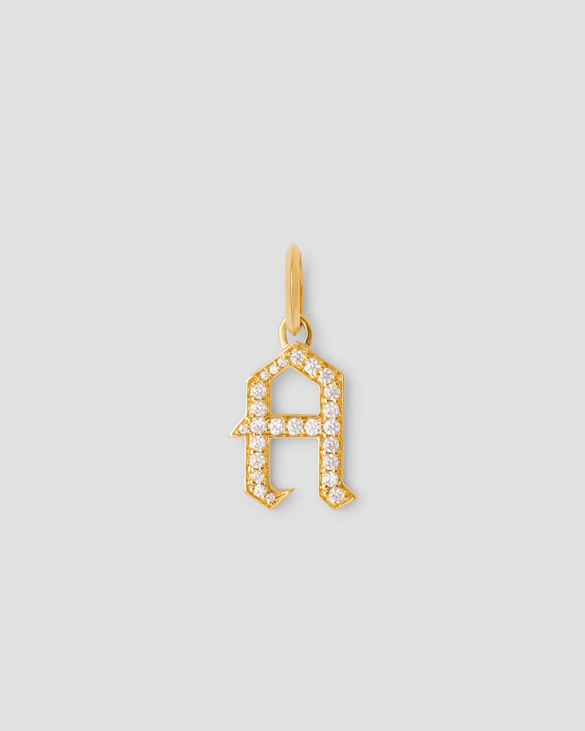 Capital Gothic Letter Charm with Pavé White Diamonds 18K gold charm - front view | necklace with charms