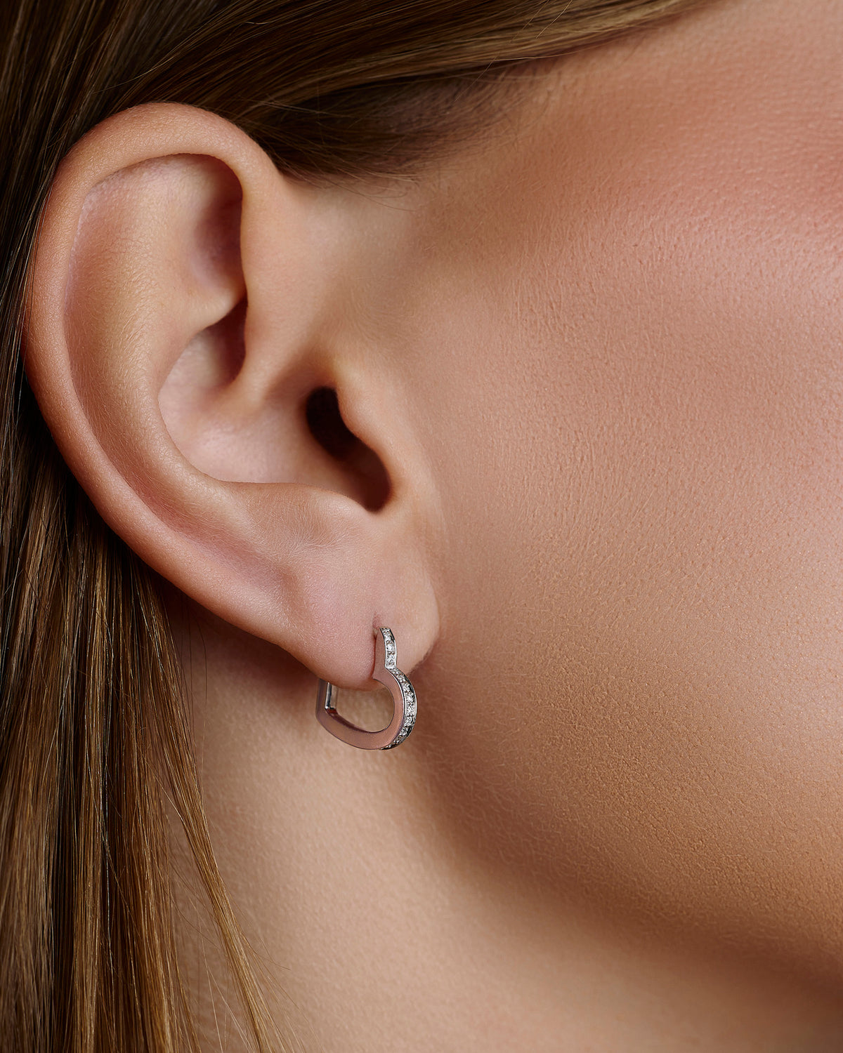 18k Small Heart Huggie With Pavé White Diamonds gold earring - back view | diamond huggie earrings