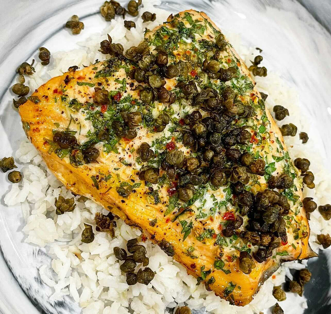 GARLIC BUTTER SALMON WITH FRIED CAPERS