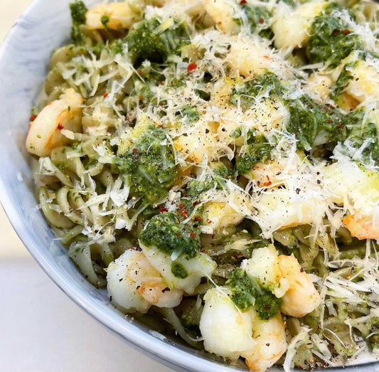 THE EASIEST GRAIN AND DAIRY-FREE SHRIMP PESTO PASTA EVER!