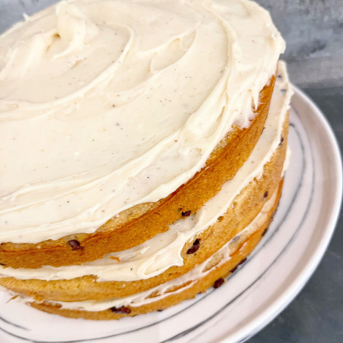 HOMESTYLE BANANA CHOCOLATE CHIP CAKE WITH BROWN BUTTER CREAM CHEESE FROSTING