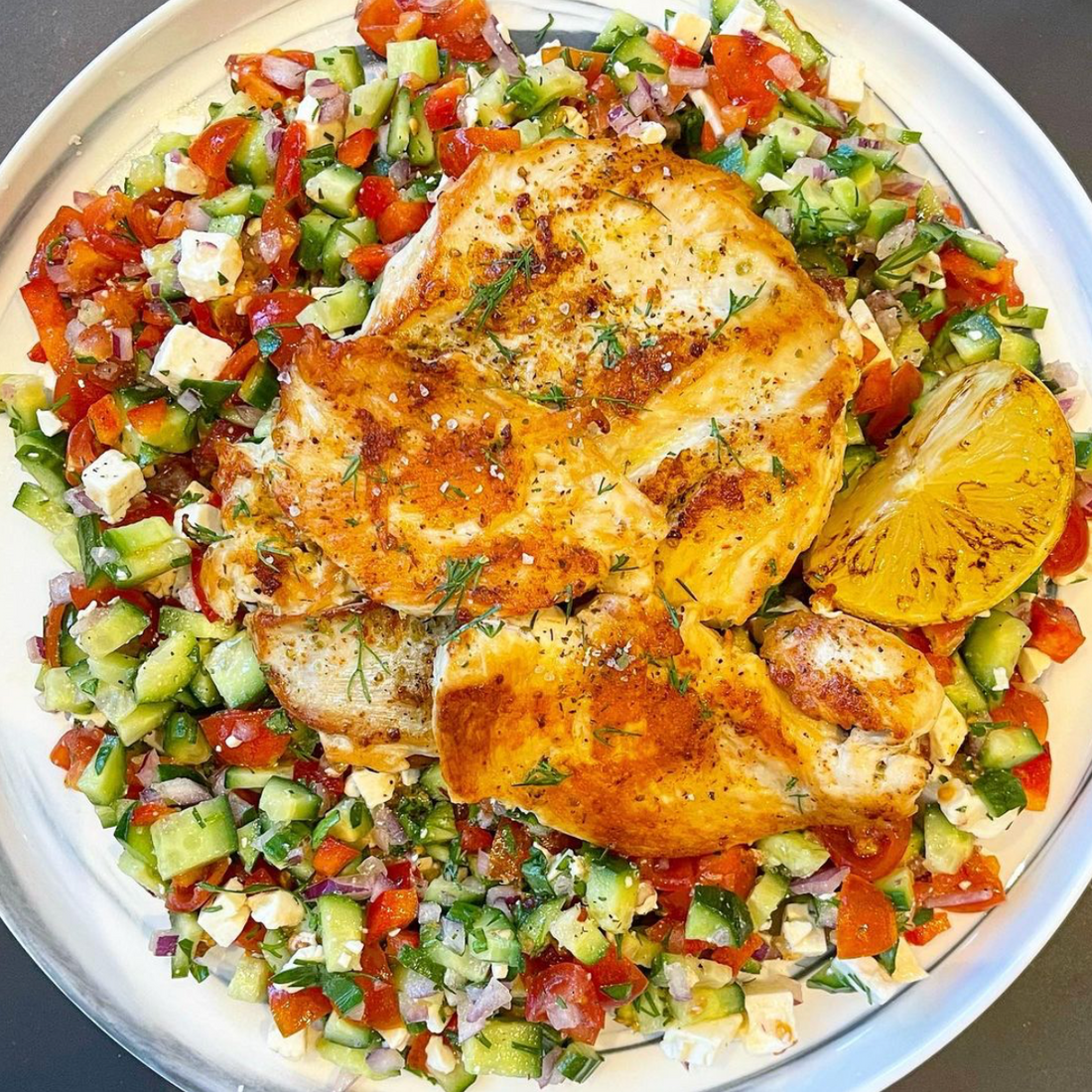 MEDITERRANEAN SALAD WITH CHICKEN PAILLARD