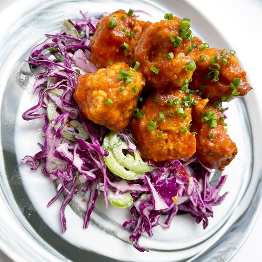 CRISPY ROASTED VEGAN BBQ CAULIFLOWER NUGGETS WITH PURPLE SLAW