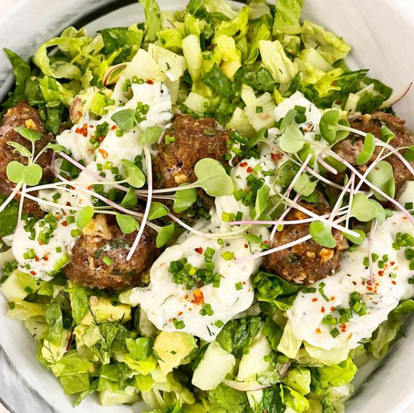 GREEK GRASS-FED BEEF MEATBALLS WITH DAIRY FREE COCONUT TZATZIKI SAUCE AND GREEN GREEK SALAD