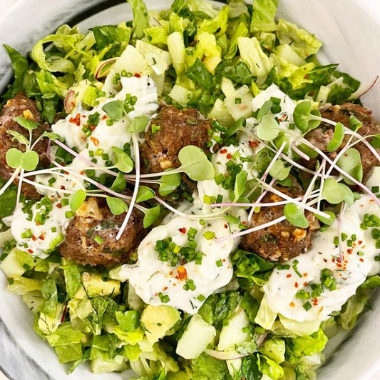 GREEK GRASS-FED BEEF MEATBALLS WITH DAIRY FREE COCONUT TZATZIKI SAUCE AND GREEN GREEK SALAD