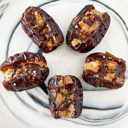 ALMOND BUTTER STUFFED DATES WITH CLEAN MELTED CHOCOLATE AND JF SPICY SALT