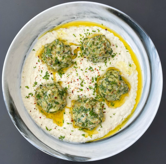 Greek Feta and Spinach Chicken Meatballs over Lemony Cauliflower Mash