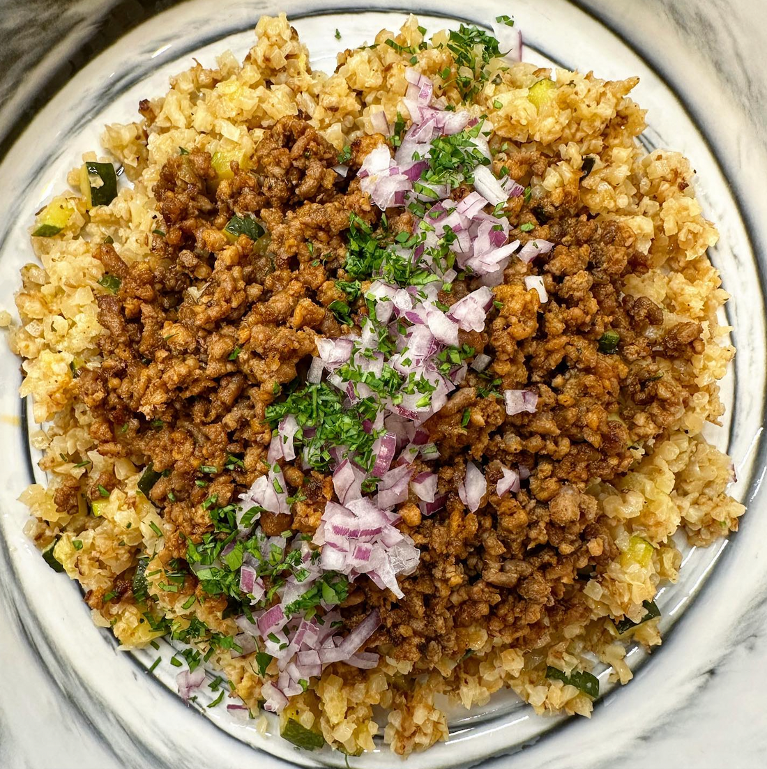 Comfy Cozy Deconstructed Meatloaf Over Cauliflower Rice