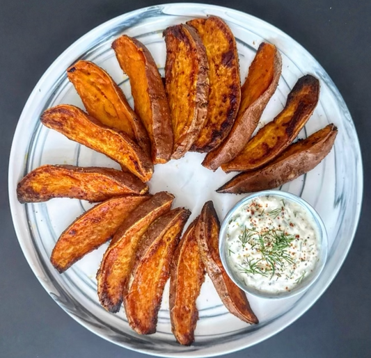 Roasted Sweet Potato Fries with Creamy Dill Dip