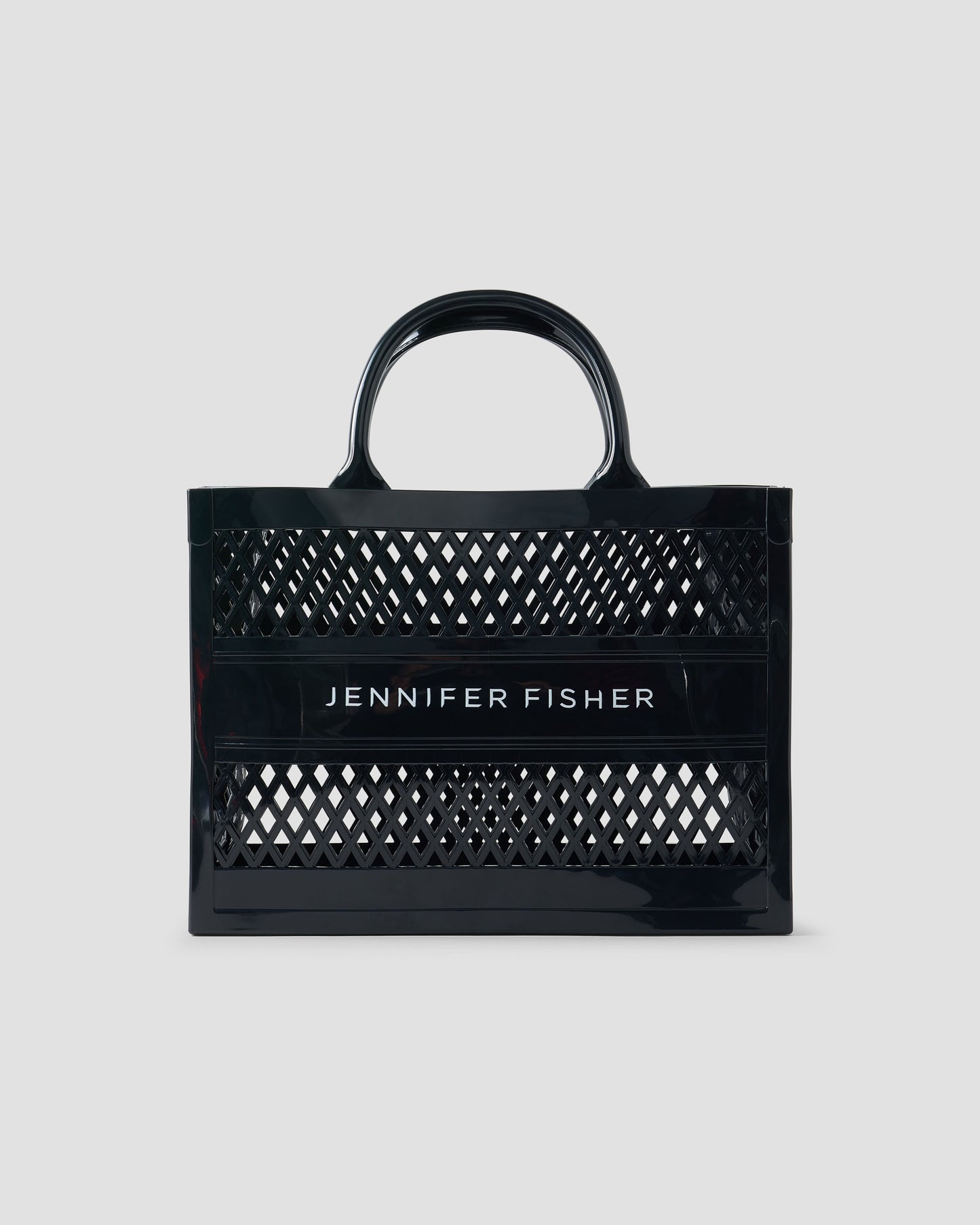 Black handbag with 'Jennifer Fisher' branding on a light gray background