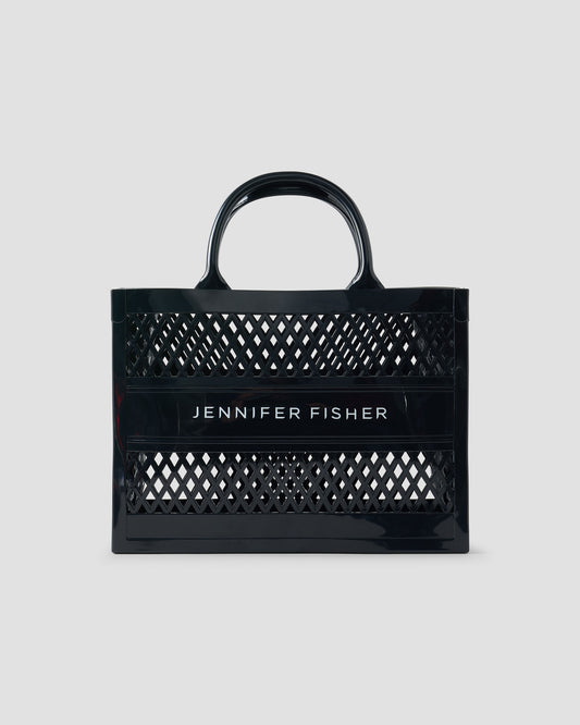 Black handbag with 'Jennifer Fisher' branding on a light gray background
