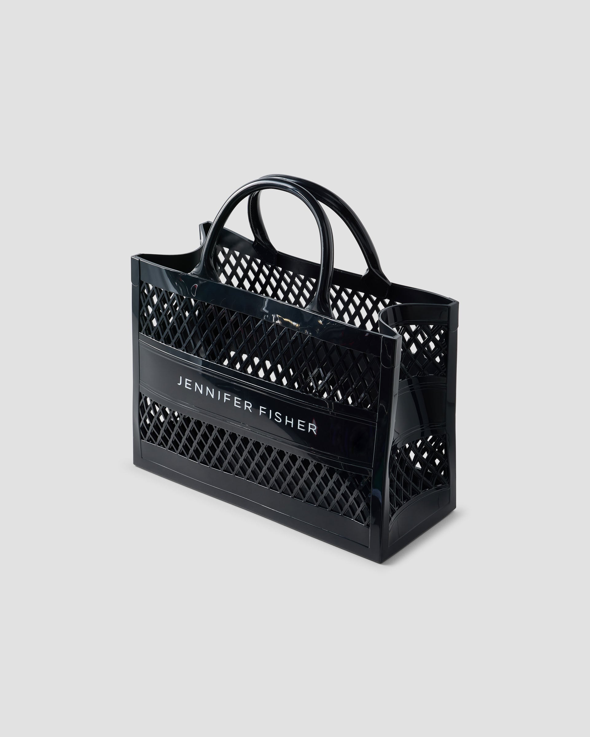 Black handbag with 'Jennifer Fisher' branding on a light gray background