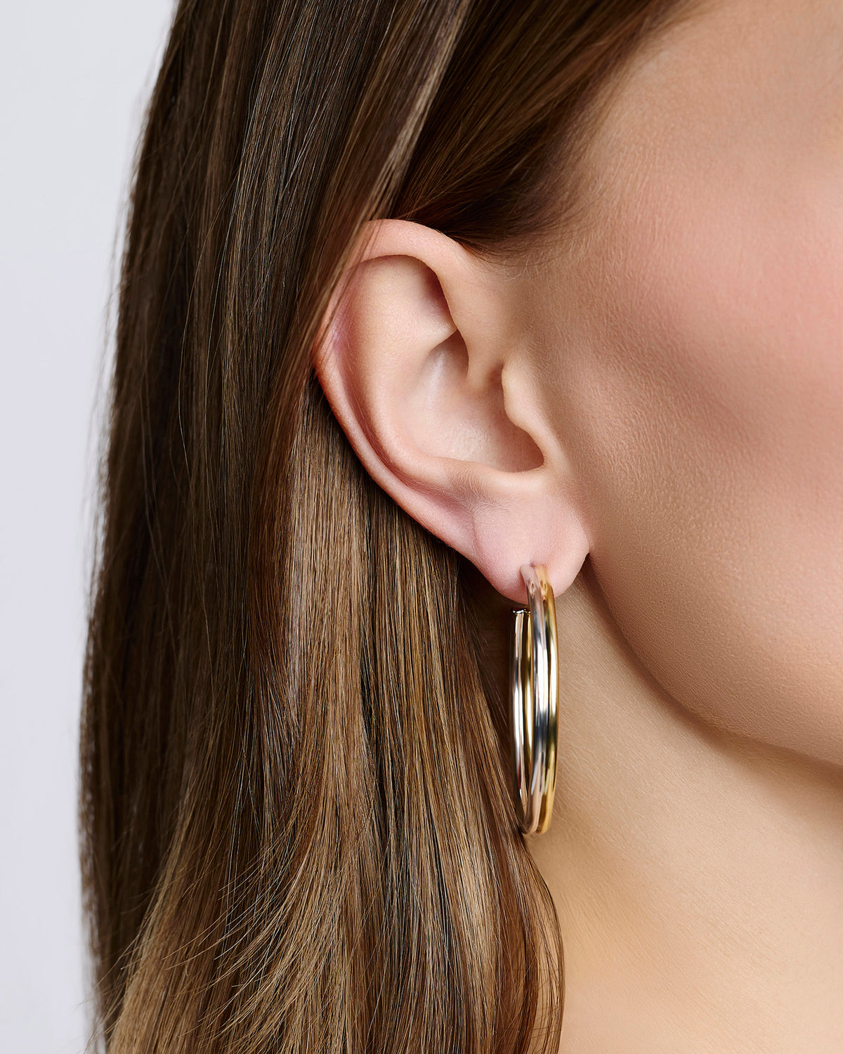 1.5" Two Tone Thread Baby Hoops gold earring - close-up detail | hoop earrings