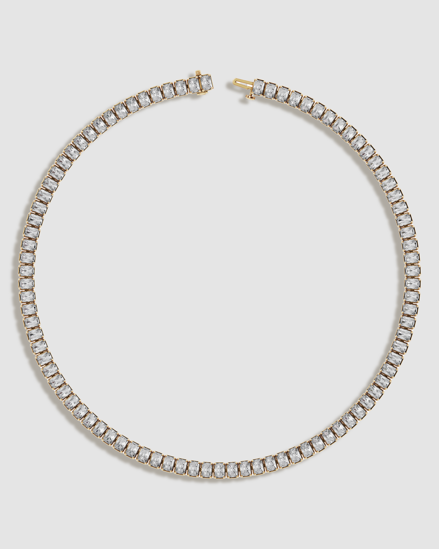 Flat image of tennis necklace with open clasp