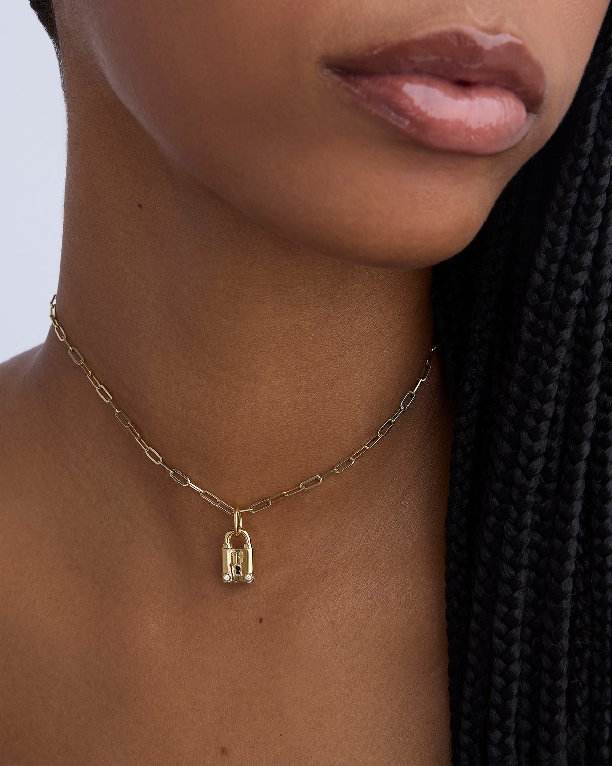 Personalized Small Lock with Two Diamonds gold charm - close-up detail | charm necklaces