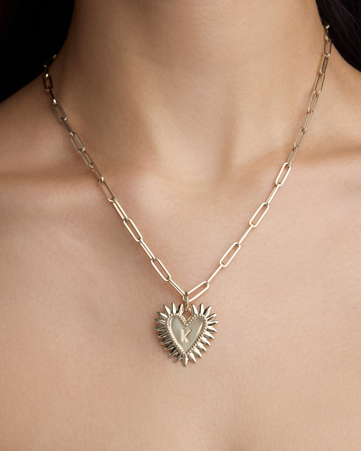 Personalized Medium Fierce Heart in 18K Yellow gold charm - close-up detail | necklace with charms