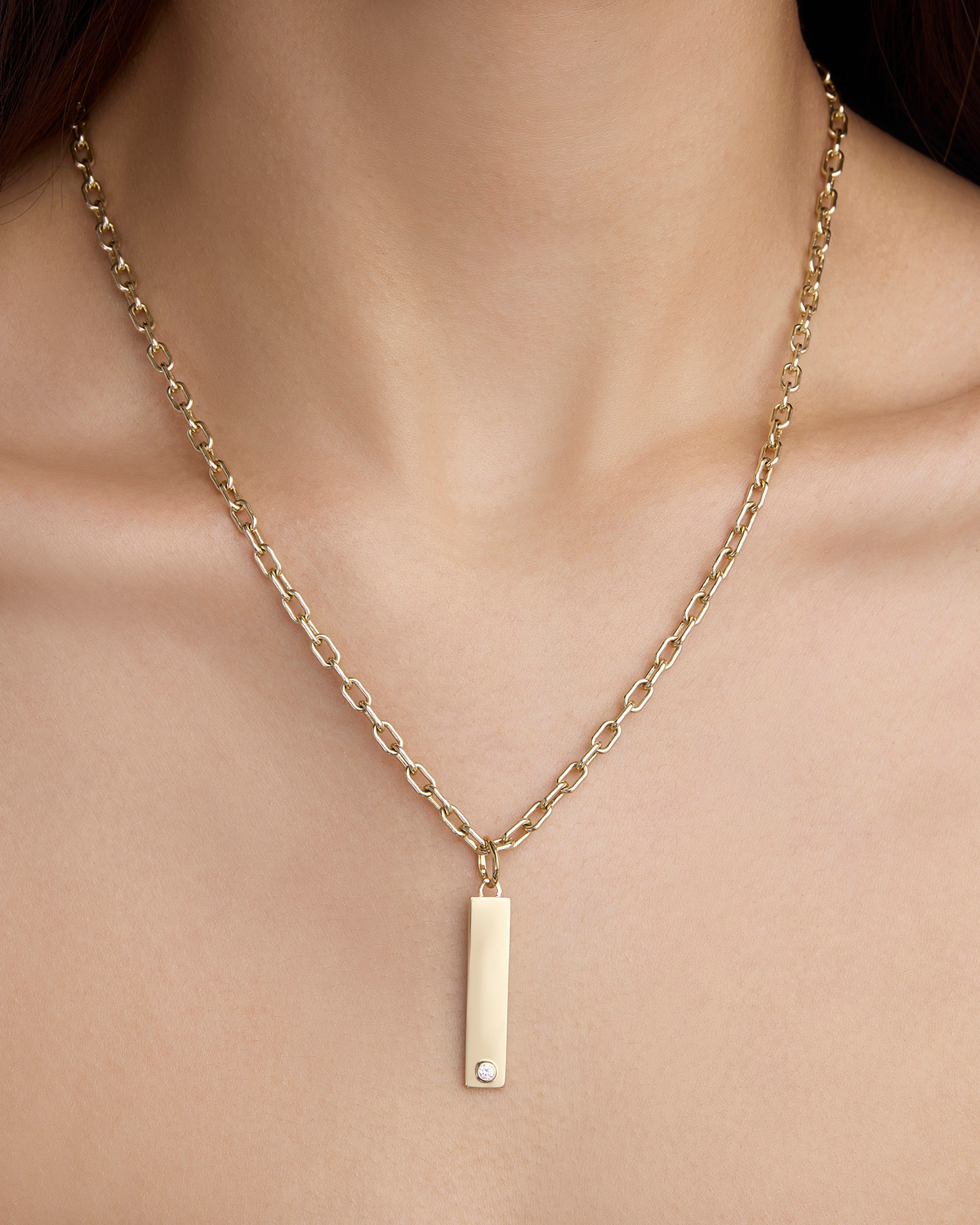 Narrow Classic Diamond Dog Tag in 18K Yellow Gold gold charm - close-up detail | necklace with charms
