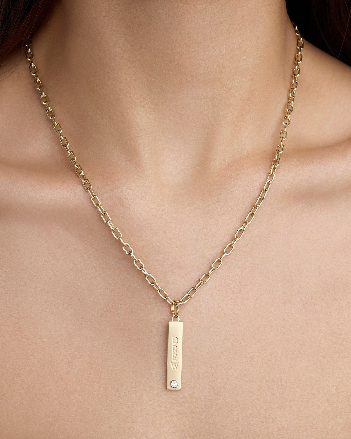 Personalized Narrow Classic Diamond Dog Tag in 18K Yellow gold charm - close-up detail | necklace with charms