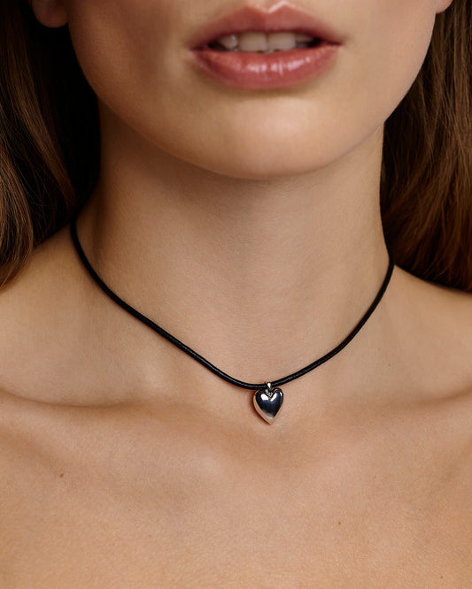 Small Puffy Heart Leather Cord Necklace