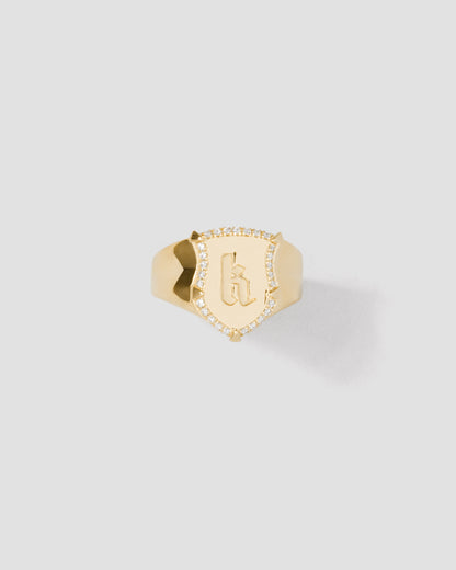 Personalized Mini Classic Shield Ring with Pave White Diamonds in 18K Yellow Gold