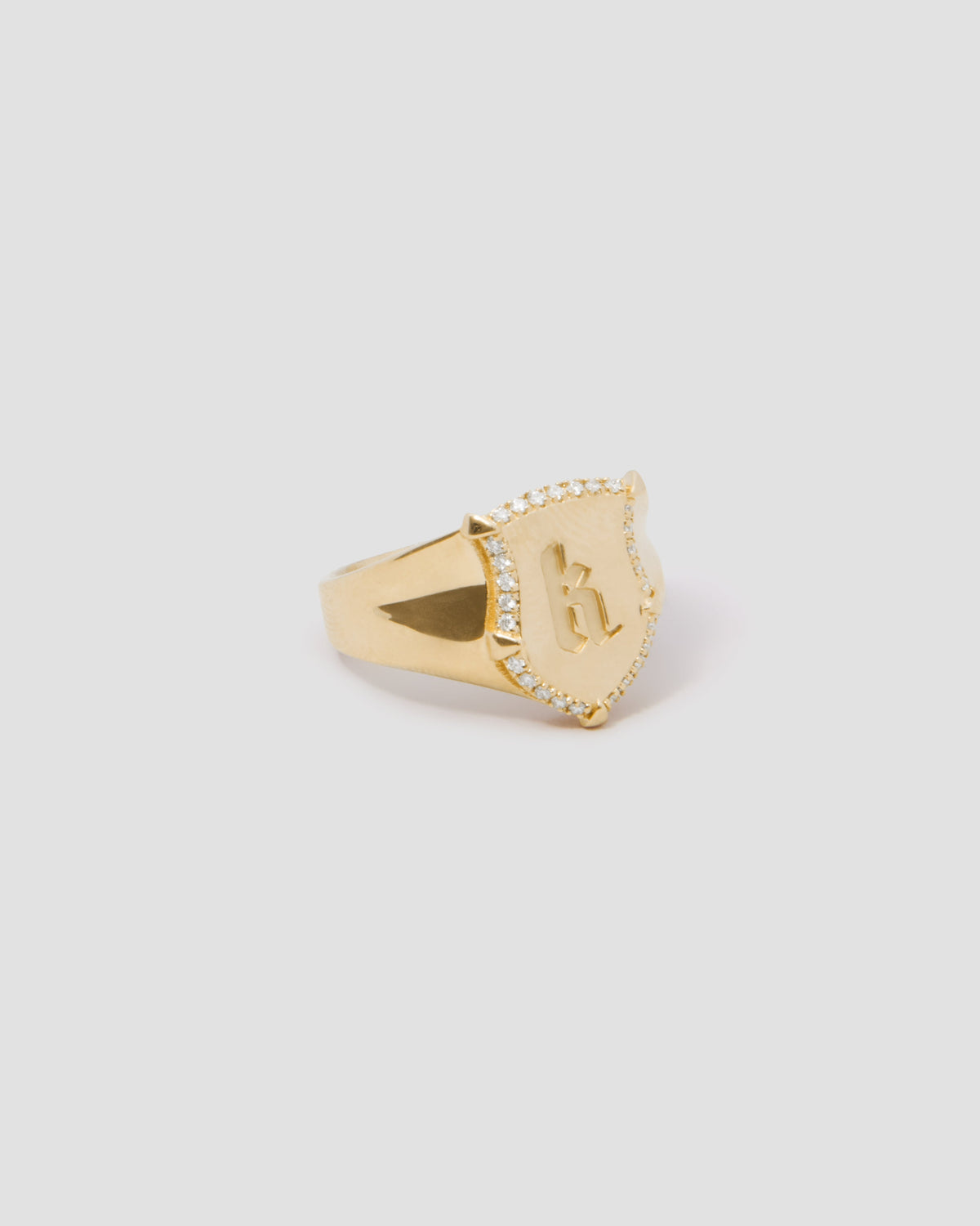 Personalized Mini Classic Shield Ring with Pave White Diamonds in 18K Yellow Gold 18K gold ring - styled on model