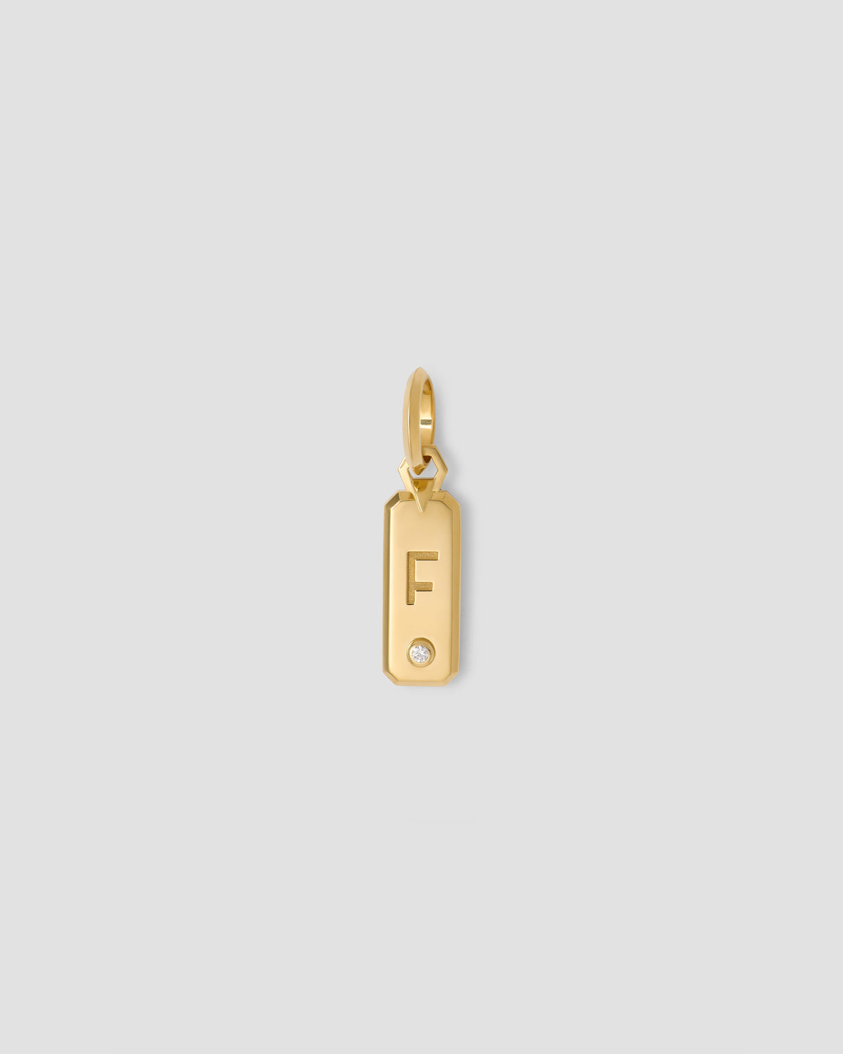 Minimal Block Letter Dog Tag in 18K Yellow gold charm - front view | necklace with charms