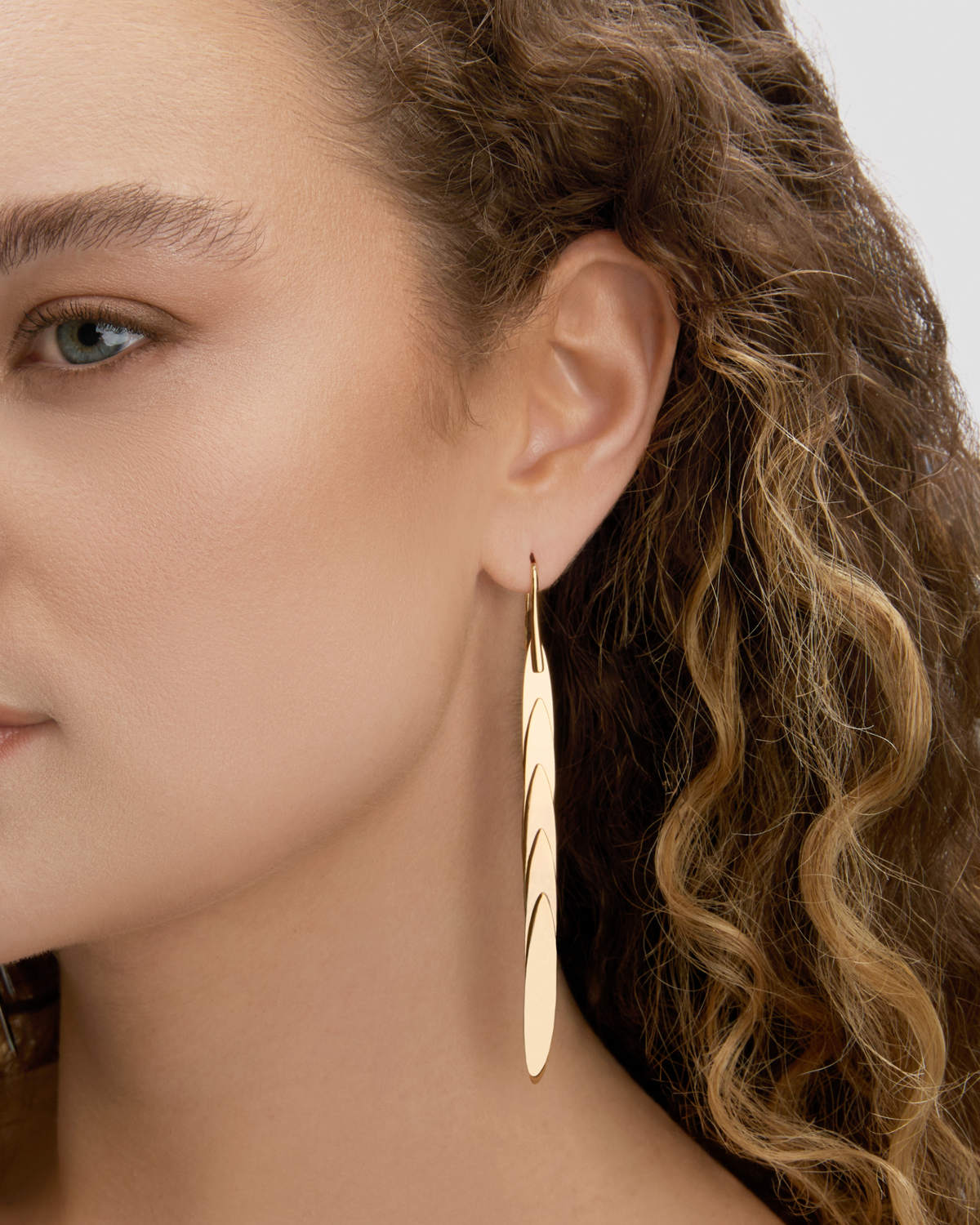 Long Feather Earrings earring - close-up detail | 14k gold earrings