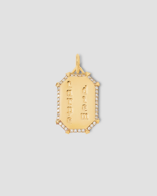 Personalized Emerald Shield with Pave White Diamonds in 18K Yellow Gold