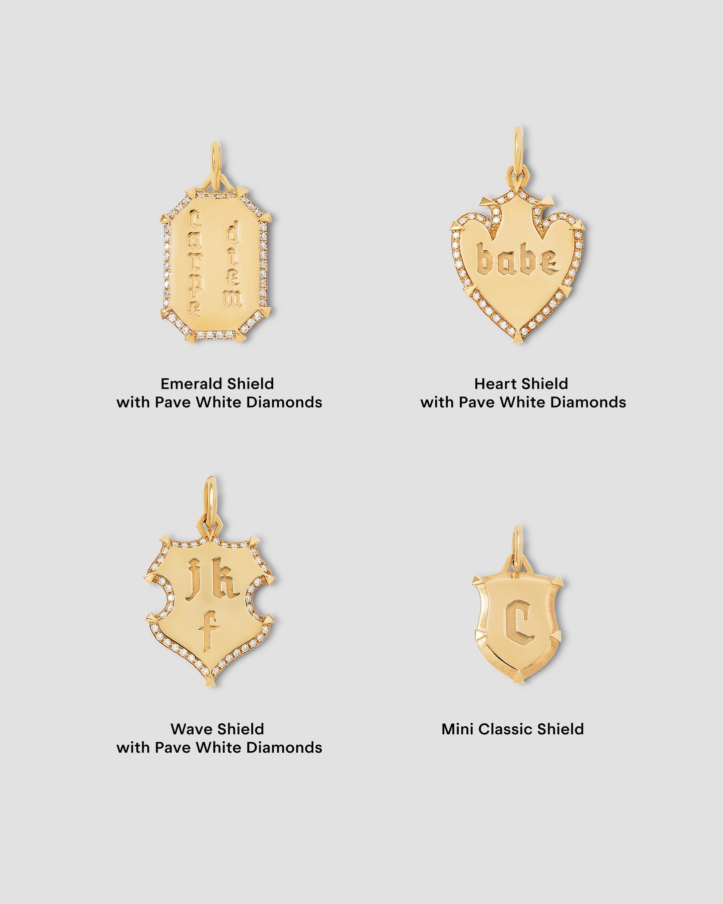 Personalized Emerald Shield with Pave White Diamonds in 18K Yellow Gold