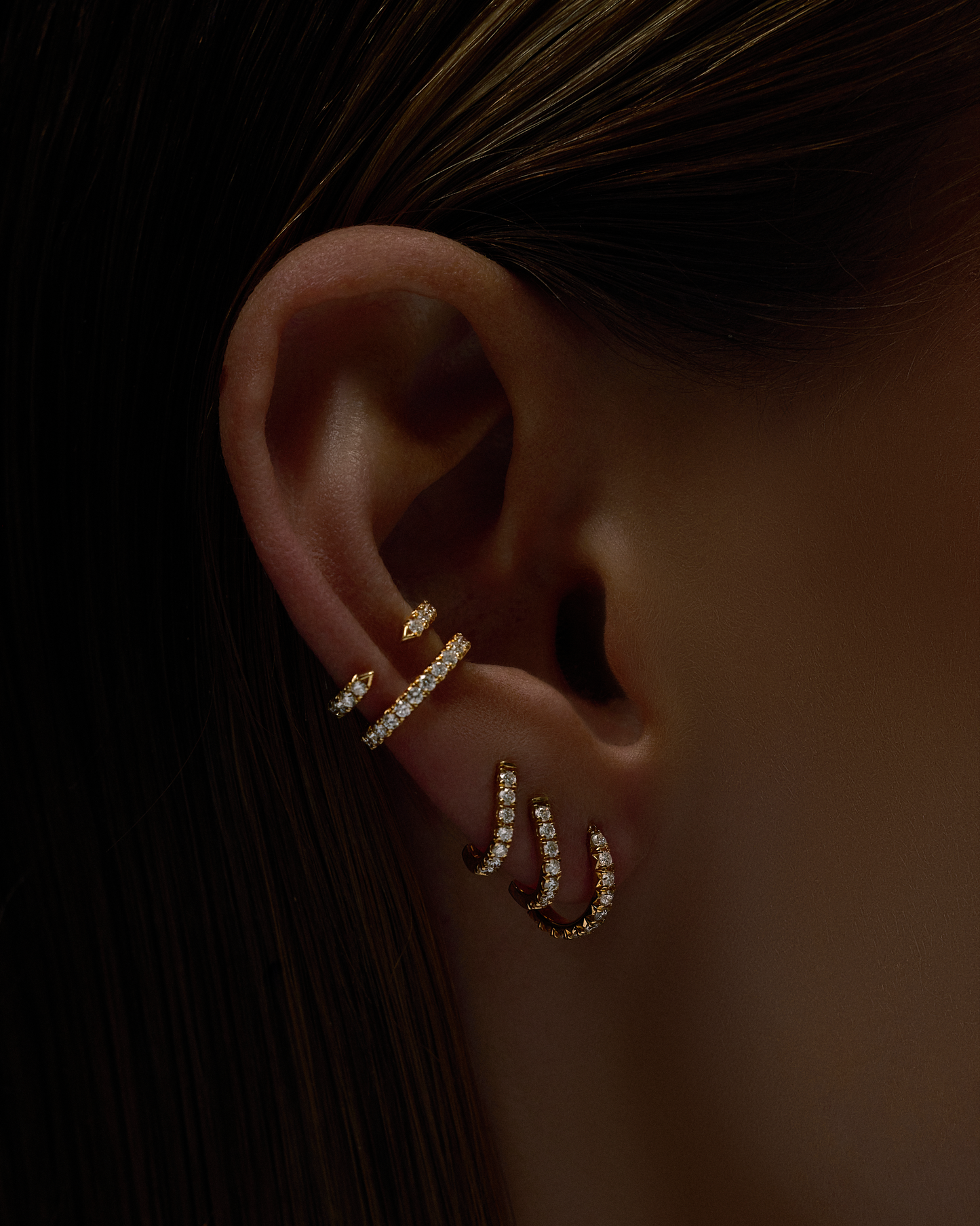 Pin Ear Cuff with Pave White Diamonds in 18K Yellow Gold