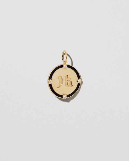 Jennifer Fisher - Homecoming Circle with 2 Letters and 4 Diamonds and Black Enamel - Yellow Gold