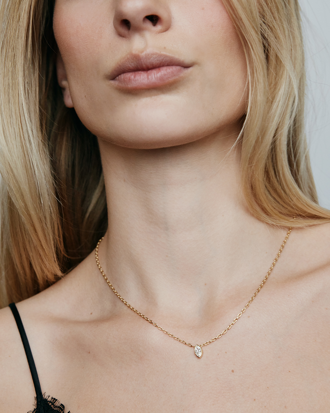 JF Lab - Marquise Solitaire Pendant gold necklace - close-up detail | lab grown diamond necklace